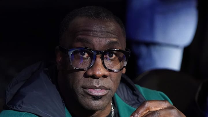 Former NFL player and ESPN personality Shannon Sharpe looks on in the second half of the in season tournament championship final between the Indiana Pacers and the Los Angeles Lakers at T-Mobile Arena on Dec. 9, 2023.