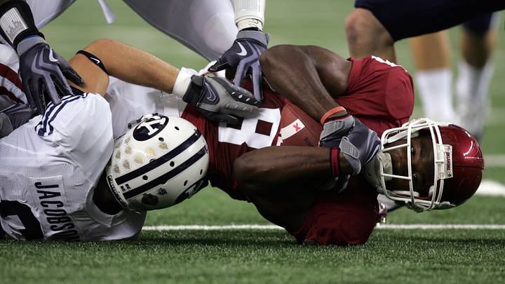 Sep 5, 2009; Arlington, TX, USA; Oklahoma Sooners wide receiver Brandon Caleb (8) recovers a fumble against the BYU Cougars at Cowboys Stadium. Mandatory Credit: Tim Heitman-USA TODAY Sports