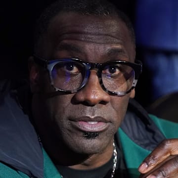 Former NFL player Shannon Sharpe looks on in the second half of the in-season tournament championship final between the Indiana Pacers and the Los Angeles Lakers at T-Mobile Arena.