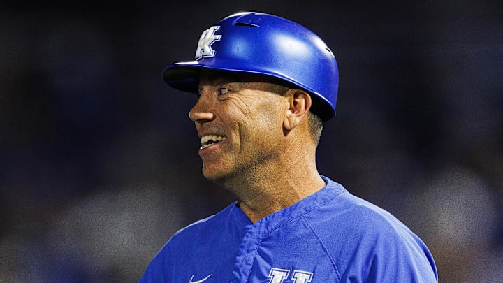 Jun 9, 2024; Lexington, KY, USA; Kentucky Wildcats head coach Nick Mingione during the fourth inning against the Oregon State Beavers at Kentucky Proud Park. Mandatory Credit: Jordan Prather-Imagn Images