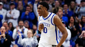 Dec 13, 2025; Lexington, Kentucky, USA; Kentucky Wildcats forward Brandon Garrison (10) celebrates a basket during the second half against the Indiana Hoosiers at Rupp Arena at Central Bank Center. Mandatory Credit: Jordan Prather-Imagn Images
