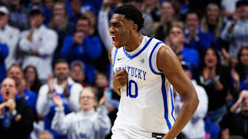 Dec 13, 2025; Lexington, Kentucky, USA; Kentucky Wildcats forward Brandon Garrison (10) celebrates a basket during the second half against the Indiana Hoosiers at Rupp Arena at Central Bank Center. Mandatory Credit: Jordan Prather-Imagn Images