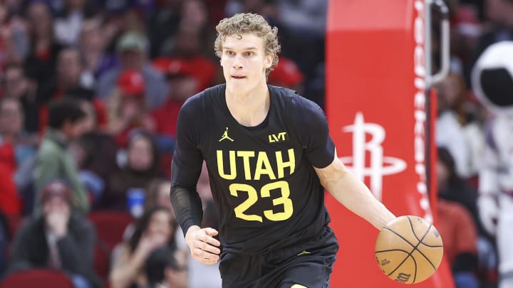 Jan 20, 2024; Houston, Texas, USA; Utah Jazz forward Lauri Markkanen (23) advances the ball during the second quarter against the Houston Rockets at Toyota Center. Mandatory Credit: Troy Taormina-USA TODAY Sports