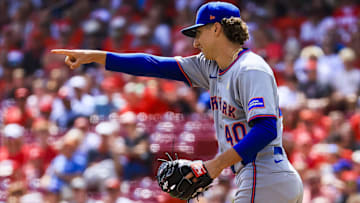 Sep 7, 2025; Cincinnati, Ohio, USA; New York Mets starting pitcher Brandon Sproat (40) reacts after a play in the first inning against the Cincinnati Reds at Great American Ball Park. Mandatory Credit: Katie Stratman-Imagn Images