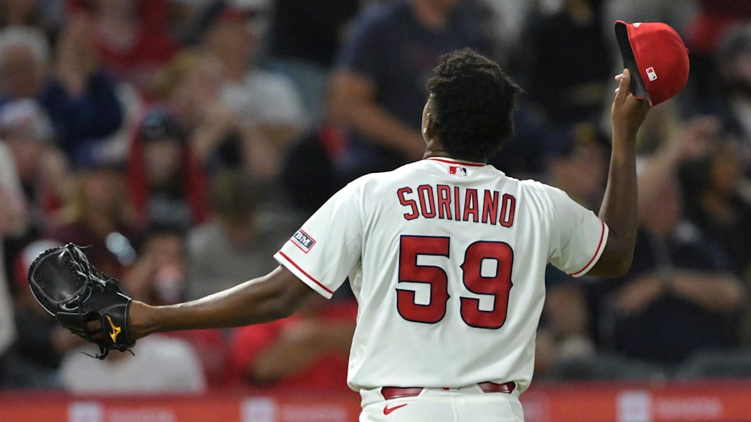 Apr 6, 2026; Anaheim, California, USA; Los Angeles Angels starting pitcher Jose Soriano (59) tips his cap as he walks to the dugout after the seventh inning against the Atlanta Braves at Angel Stadium. Mandatory Credit: Jayne Kamin-Oncea-Imagn Images