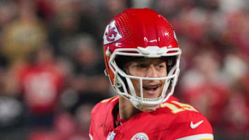 Oct 7, 2024; Kansas City, Missouri, USA; Kansas City Chiefs quarterback Patrick Mahomes (15) reacts to a no-call against the New Orleans Saints during the second half at GEHA Field at Arrowhead Stadium. Mandatory Credit: Denny Medley-Imagn Images