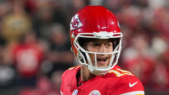 Oct 7, 2024; Kansas City, Missouri, USA; Kansas City Chiefs quarterback Patrick Mahomes (15) reacts to a no-call against the New Orleans Saints during the second half at GEHA Field at Arrowhead Stadium. Mandatory Credit: Denny Medley-Imagn Images