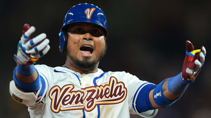 Mar 7, 2026; Miami, FL, United States; Venezuela first baseman Luis Arraez (2) celebrates after hitting a home run against Israel during the fifth inning at loanDepot Park. Mandatory Credit: Sam Navarro-Imagn Images
