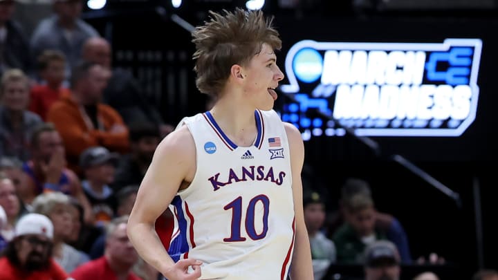 Mar 23, 2024; Salt Lake City, UT, USA; Kansas Jayhawks guard Johnny Furphy (10) reacts after a basket during the first half in the second round of the 2024 NCAA Tournament against the Gonzaga Bulldogs at Vivint Smart Home Arena-Delta Center. Mandatory Credit: Rob Gray-USA TODAY Sports
