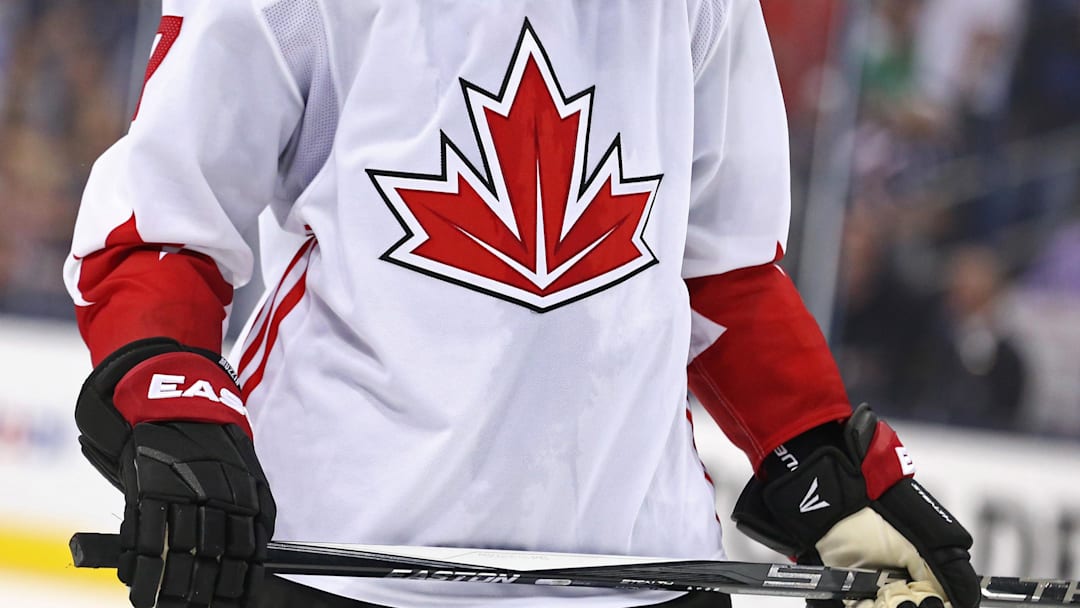 Sep 9, 2016; Columbus, OH, USA; A view of the Team Canada logo on an official Adidas jersey during a World Cup of Hockey pre-tournament game at Nationwide Arena. Team USA won 4-2. Mandatory Credit: Aaron Doster-Imagn Images