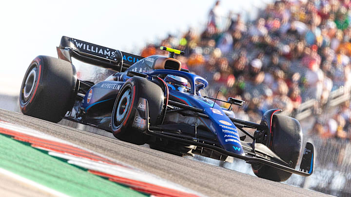 Oct 20, 2023; Austin, Texas, USA;  Logan Sargeant of Williams Racing during qualifying for the Formula 1 United States Grand Prix at Circuit of the Americas. Logan is the lone United States driver currently in F1. Mandatory Credit: Erich Schlegel-Imagn Images
