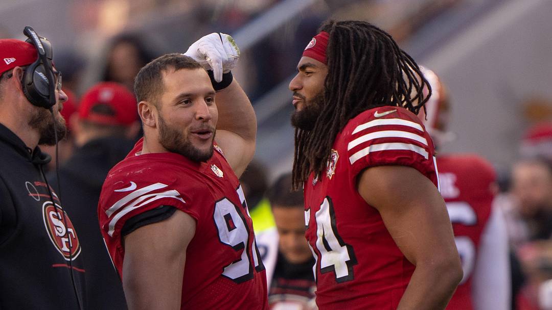 San Francisco 49ers defensive end Nick Bosa (97) with linebacker Fred Warner (54)