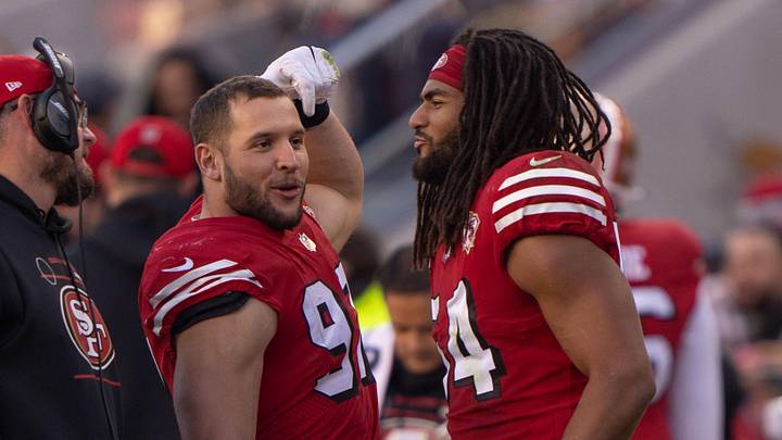 San Francisco 49ers defensive end Nick Bosa (97) with linebacker Fred Warner (54)