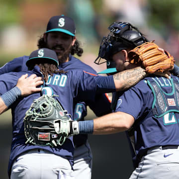 Seattle Mariners players celebrate their 6-5 victory over the Athletics at Sutter Health Park on May 7.