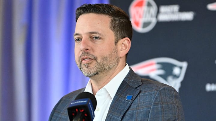 Mar 13, 2025; Foxborough, MA, USA; New England Patriots executive vice president of player personnel Eliot Wolf  discusses the teamís recent free agent additions with the media at Gillette Stadium. Mandatory Credit: Eric Canha-Imagn Images