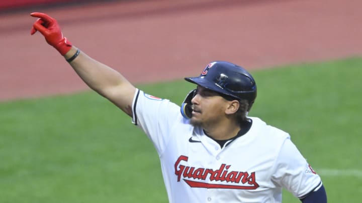 Apr 10, 2024; Cleveland, Ohio, USA; Cleveland Guardians first base Josh Naylor (22) celebrates his home run.