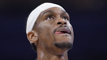 Mar 29, 2025; Oklahoma City, Oklahoma, USA; Oklahoma City Thunder guard Shai Gilgeous-Alexander (2) stands during the second half against the Indiana Pacers at Paycom Center. Mandatory Credit: Alonzo Adams-Imagn Images