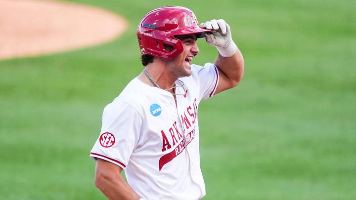Arkansas' Ryder Helfrick (27) smiles after hitting a two-run home run during game one of the NCAA baseball tournament Fayetteville Super Regional between Tennessee and Arkansas held at Baum-Walker Stadium on Saturday, June 7, 2025.