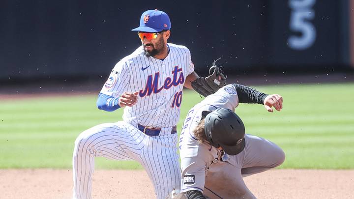 Apr 26, 2026; New York City, New York, USA;  New York Mets second baseman Marcus Semien (10) tags out Colorado Rockies center fielder Jake McCarthy (31) in the seventh inning at Citi Field. Mandatory Credit: Wendell Cruz-Imagn Images