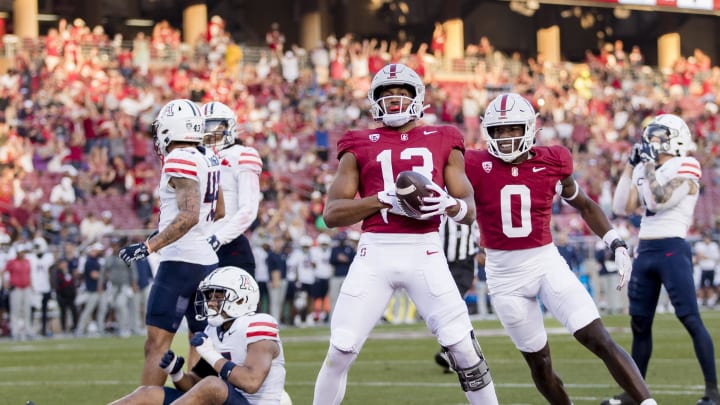 Sep 23, 2023; Stanford, California, USA; Stanford Cardinal wide receiver Elic Ayomanor (13) reacts after scoring a touchdown against the Arizona Wildcats during the third quarter at Stanford Stadium. Mandatory Credit: John Hefti-USA TODAY Sports