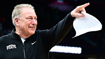 Mar 23, 2025; Cleveland, OH, USA; Michigan State Spartans head coach Tom Izzo celebrates after the game against the New Mexico Lobos during the NCAA Tournament Second Round at Rocket Arena. Mandatory Credit: Ken Blaze-Imagn Images