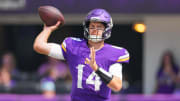 Aug 10, 2024; Minneapolis, Minnesota, USA; Minnesota Vikings quarterback Sam Darnold (14) passes against the Las Vegas Raiders in the first quarter at U.S. Bank Stadium.