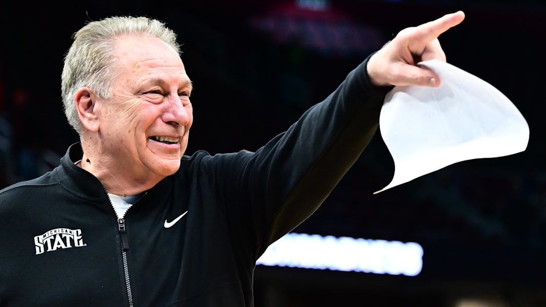 Mar 23, 2025; Cleveland, OH, USA; Michigan State Spartans head coach Tom Izzo celebrates after the game against the New Mexico Lobos during the NCAA Tournament Second Round at Rocket Arena. Mandatory Credit: Ken Blaze-Imagn Images