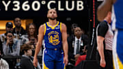 Feb 3, 2024; Atlanta, Georgia, USA; Golden State Warriors guard Stephen Curry (30) walking on to the court during game against Atlanta Hawks during the first quarter at State Farm Arena. Mandatory Credit: Jordan Godfree-Imagn Images