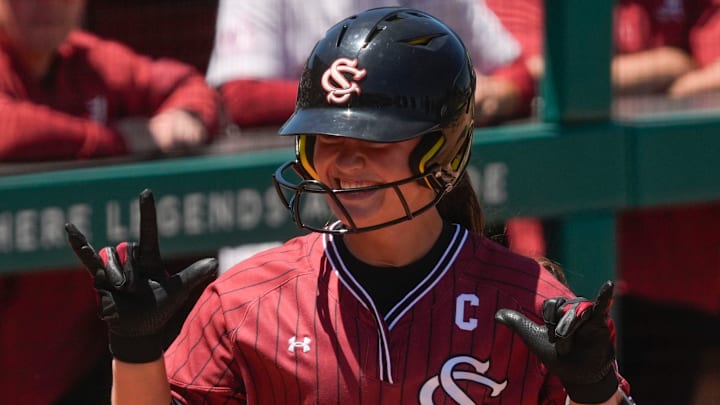 May 2, 2026; Tuscaloosa, AL, USA; South Carolina batter Arianna Rodi celebrates her solo homer at Rhoads Stadium in the game 3 of the series between South Carolina and Alabama.