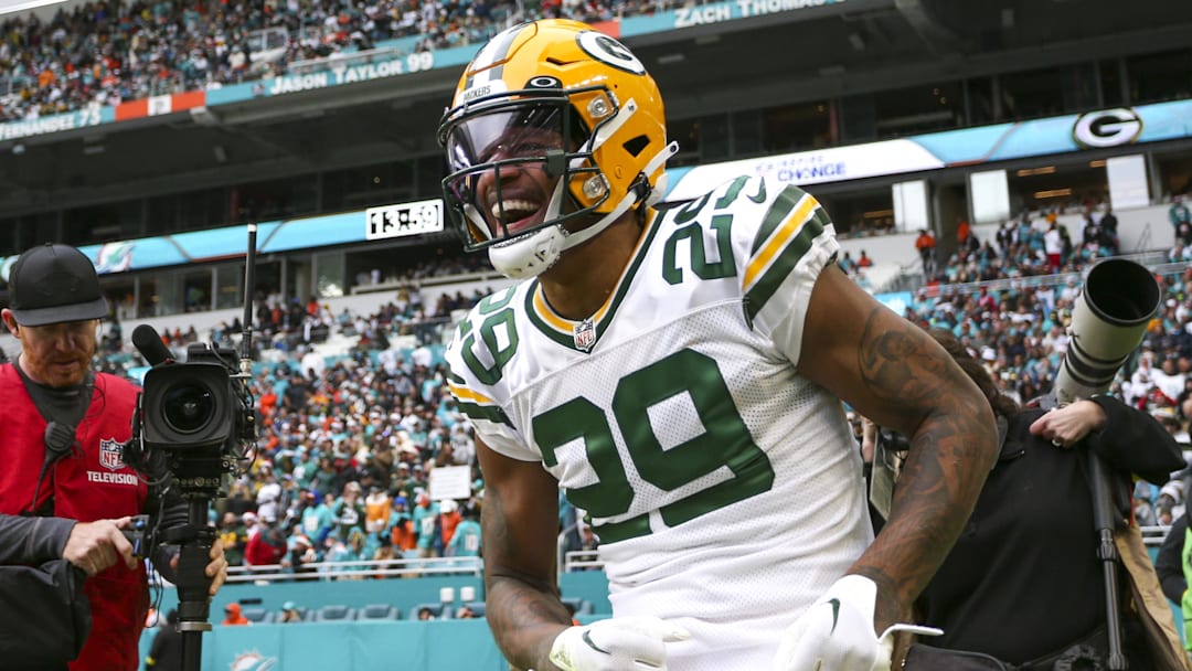 Dec 25, 2022; Miami Gardens, Florida, USA; Green Bay Packers cornerback Rasul Douglas (29) celebrates after intercepting the football during the fourth quarter against the Miami Dolphins at Hard Rock Stadium.