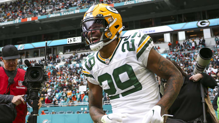 Dec 25, 2022; Miami Gardens, Florida, USA; Green Bay Packers cornerback Rasul Douglas (29) celebrates after intercepting the football during the fourth quarter against the Miami Dolphins at Hard Rock Stadium.