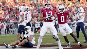 Sep 23, 2023; Stanford, California, USA; Stanford Cardinal wide receiver Elic Ayomanor (13) reacts after scoring a touchdown against the Arizona Wildcats during the third quarter at Stanford Stadium. Mandatory Credit: John Hefti-USA TODAY Sports