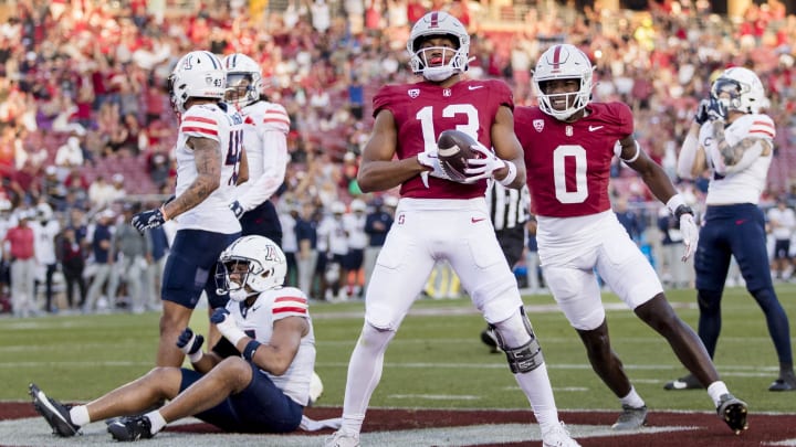 Sep 23, 2023; Stanford, California, USA; Stanford Cardinal wide receiver Elic Ayomanor (13) reacts after scoring a touchdown against the Arizona Wildcats during the third quarter at Stanford Stadium. Mandatory Credit: John Hefti-USA TODAY Sports