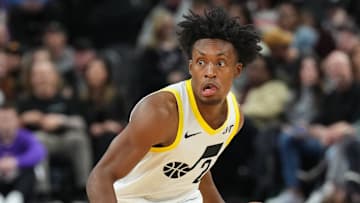 Jan 11, 2025; Phoenix, Arizona, USA; Utah Jazz guard Collin Sexton (2) dribbles against the Phoenix Suns during the first half at Footprint Center. Mandatory Credit: Joe Camporeale-Imagn Images