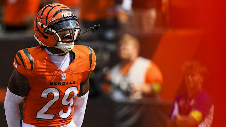 Sep 14, 2025; Cincinnati, Ohio, USA; Cincinnati Bengals cornerback Cam Taylor-Britt (29) reacts after a play in the first half against the Jacksonville Jaguars at Paycor Stadium. Mandatory Credit: Katie Stratman-Imagn Images
