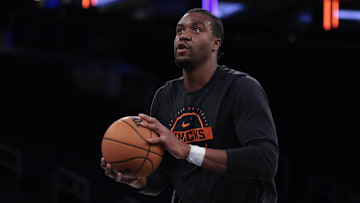 Oct 24, 2025; New York, New York, USA; New York Knicks center Ariel Hukporti (55) warms up before the game against the Boston Celtics at Madison Square Garden. Mandatory Credit: Vincent Carchietta-Imagn Images