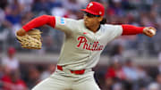 Apr 10, 2025; Atlanta, Georgia, USA; Philadelphia Phillies starting pitcher Jesus Luzardo (44) throws against the Atlanta Braves in the first inning at Truist Park.