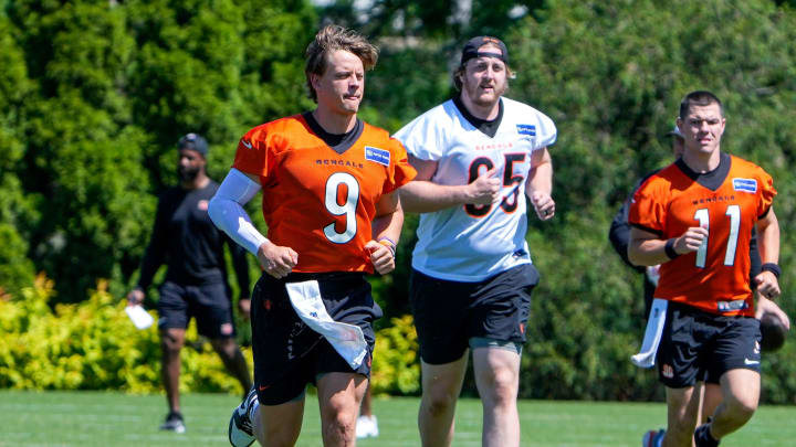 Bengals quarterback Joe Burrow warms-up during OTAs Tuesday, May 28, 2024 at the Kettering Health Practice Fields outside of Paycor Stadium.