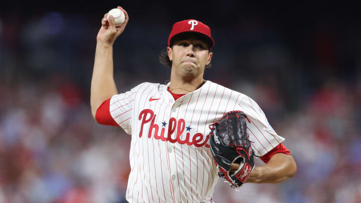 Aug 14, 2024; Philadelphia, Pennsylvania, USA; Philadelphia Phillies pitcher Tyler Phillips (48) throws a pitch during the fifth inning against the Miami Marlins at Citizens Bank Park