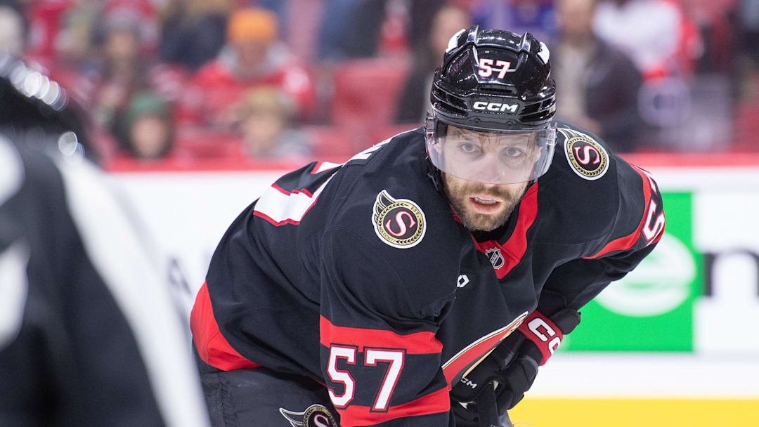 Jan 1, 2026; Ottawa, Ontario, CAN; Ottawa Senators left wing David Perron (57) gets in position for a faceoff in the first period against the Washington Capitals at the Canadian Tire Centre. Mandatory Credit: Marc DesRosiers-IMAGN Images