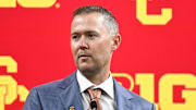 Jul 24, 2024; Indianapolis, IN, USA;  USC Trojans head coach Lincoln Riley speaks to the media during the Big 10 football media day at Lucas Oil Stadium. Mandatory Credit: Robert Goddin-Imagn Images
