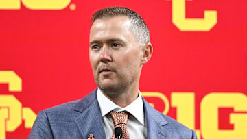 Jul 24, 2024; Indianapolis, IN, USA;  USC Trojans head coach Lincoln Riley speaks to the media during the Big 10 football media day at Lucas Oil Stadium. Mandatory Credit: Robert Goddin-Imagn Images