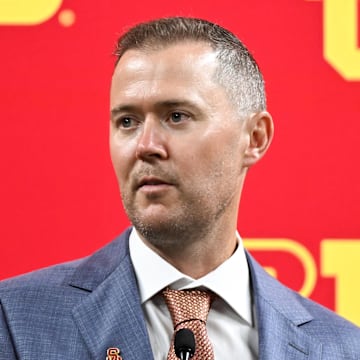 Jul 24, 2024; Indianapolis, IN, USA;  USC Trojans head coach Lincoln Riley speaks to the media during the Big 10 football media day at Lucas Oil Stadium. Mandatory Credit: Robert Goddin-Imagn Images