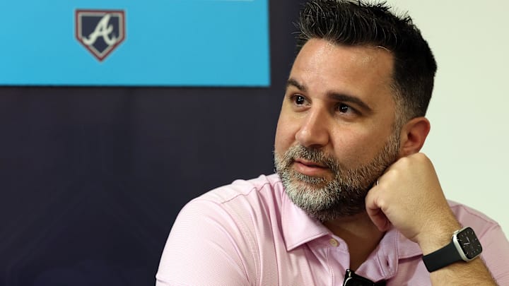 Atlanta Braves general manager and president of baseball operations Alex Anthopoulos talks with the media at George M. Steinbrenner Field.