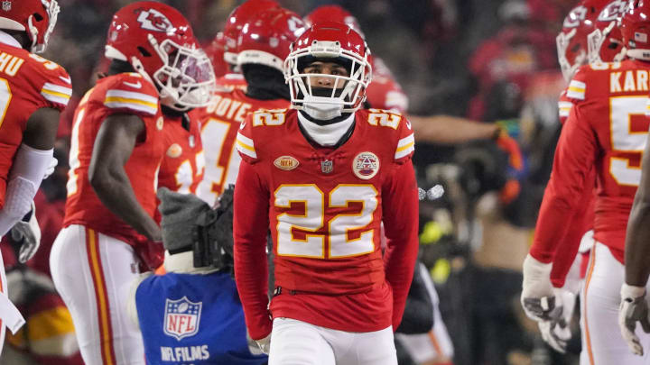 Jan 13, 2024; Kansas City, Missouri, USA; Kansas City Chiefs cornerback Trent McDuffie (22) is introduced against the Miami Dolphins prior to a 2024 AFC wild card game at GEHA Field at Arrowhead Stadium. Mandatory Credit: Denny Medley-USA TODAY Sports