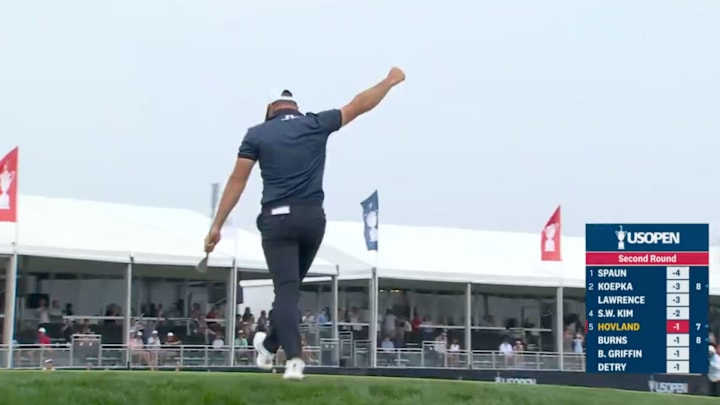 Viktor Hovland celebrates an eagle shot.
