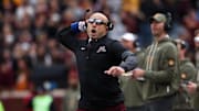 Nov 1, 2025; Minneapolis, Minnesota, USA; Minnesota Golden Gophers head coach P.J. Fleck reacts during the first half against the Michigan State Spartans at Huntington Bank Stadium. Mandatory Credit: Matt Krohn-Imagn Images