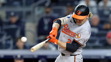 Sep 25, 2024; Bronx, New York, USA; Baltimore Orioles shortstop Gunnar Henderson (2) breaks his bat hitting a single against the New York Yankees during the first inning at Yankee Stadium. Mandatory Credit: Brad Penner-Imagn Images