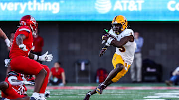 Nov 30, 2024; Tucson, Arizona, USA; Arizona State Sun Devils Laterrance Welch (3) runs with the ball that he intercepted from Arizona Wildcats during the fourth quarter at Arizona Stadium. Mandatory Credit: Aryanna Frank-Imagn Images