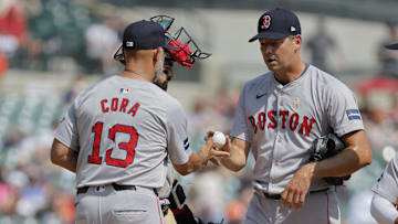 Sep 1, 2024; Detroit, Michigan, USA;  Boston Red Sox manager Alex Cora (13) take the ball to relieve Boston Red Sox pitcher Rich Hill (44) at Comerica Park. Mandatory Credit: Rick Osentoski-Imagn Images